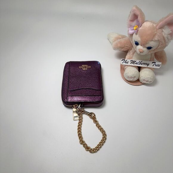 Coach CF415 Metallic Plum Purple Zip Card Case Pebble Leather Chain ID Wallet - Picture 4 of 8
